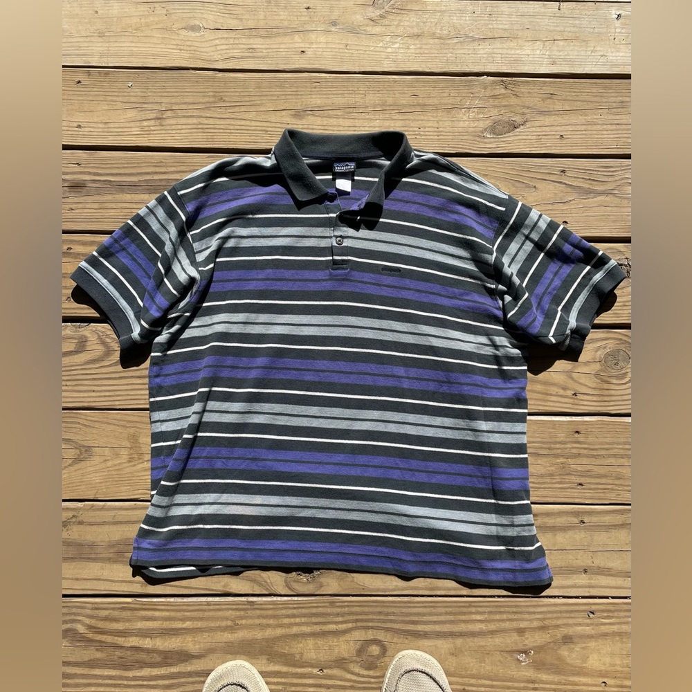 Men’s Patagonia  Size XL Striped Polo Shirt in Black, Gray, and Purple